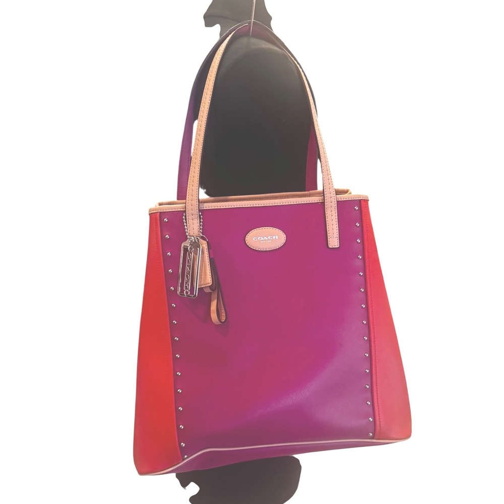Coach Metro F31325 Magenta Orange Saffiano Leather Colorblock Studs Tote 12x13x6 - Picture 2 of 15
